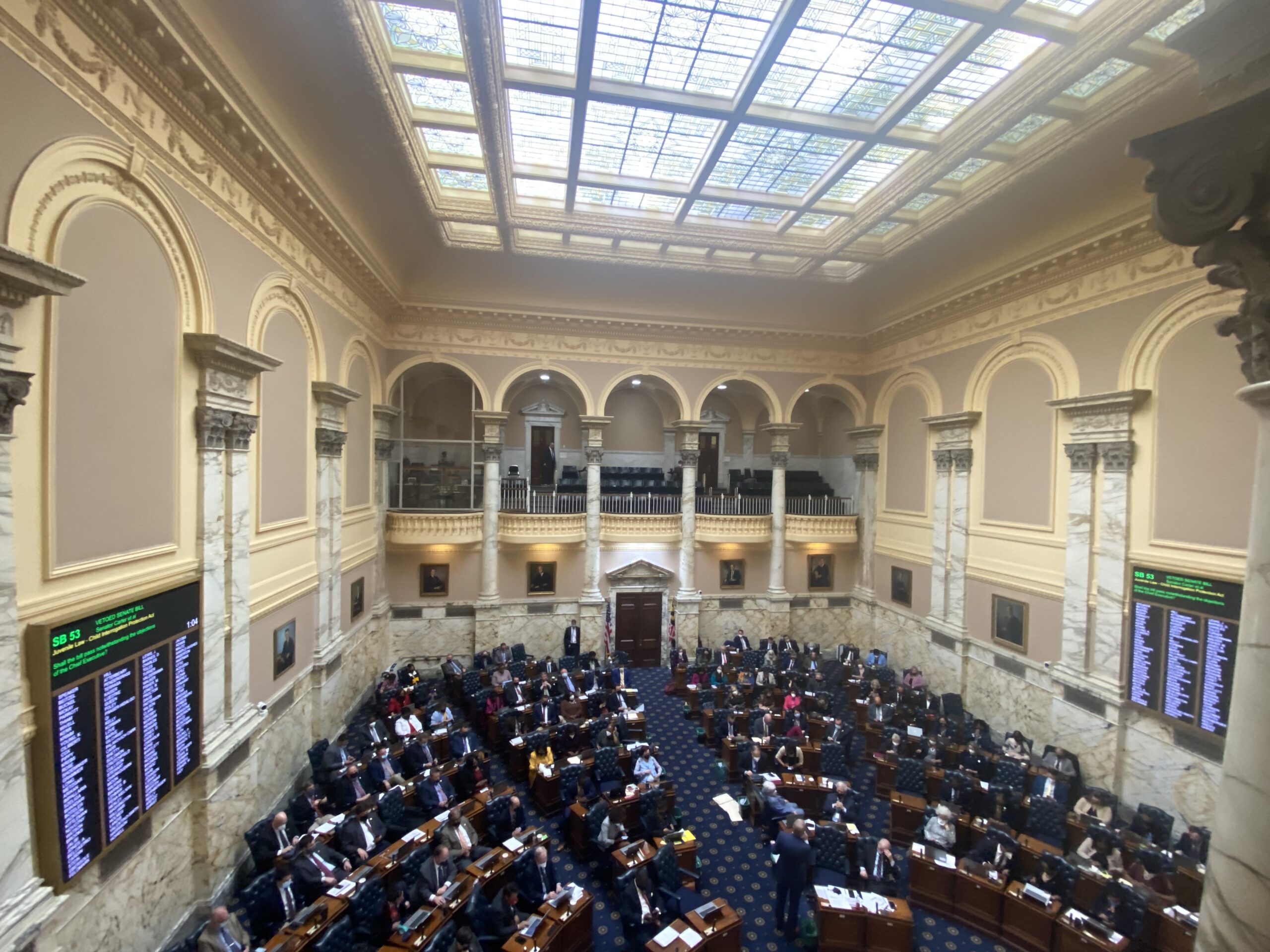 A view of the Maryland House of Delegates chamber from the gallery.